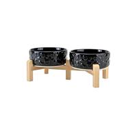 SPUNKYJUNKY Elevated Dog Bowls Ceramic, 5.1'' Dogs and Cat Food Water Bowls Raised with Non-Slip Bamboo Stand for Puppy Small Sized Breed Microwave Dishwasher Safe - 13.5 OZ,Skull Black