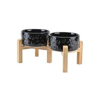 SPUNKYJUNKY Elevated Dog Bowls Ceramic, 6.1'' Dogs and Cat Food Water Bowls Raised with Non-Slip Bamboo Stand for Medium Sized Breed Microwave Dishwasher Safe - 28.7 OZ,Skull Black