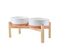 SPUNKYJUNKY Elevated Dog Bowls Ceramic, 7.3'' Dogs Food Water Bowls Raised with Non-Slip Bamboo Stand for Medium to Large Sized Breed Microwave Dishwasher Safe - 42 OZ,Pattern White