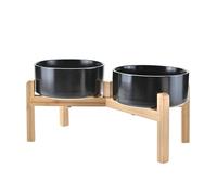 SPUNKYJUNKY Elevated Dog Bowls Ceramic, 7.3'' Dogs Food Water Bowls Raised with Non-Slip Bamboo Stand for Medium to Large Sized Breed Microwave Dishwasher Safe - 42 OZ,Black