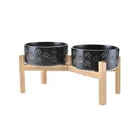 SPUNKYJUNKY Elevated Dog Bowls Ceramic, 7.3'' Dogs Food Water Bowls Raised with Non-Slip Bamboo Stand for Medium to Large Sized Breed Microwave Dishwasher Safe - 42 OZ,Paw Black