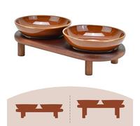 SPUNKYJUNKY Extra Wide Elevated Ceramic Cat Bowl with Acacia Wood Stand Whisker Friendly (Cat Paw Pattern, Brown)