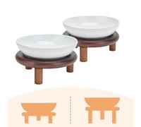 SPUNKYJUNKY Extra Wide Elevated Ceramic Cat Bowl with Acacia Wood Stand Whisker Friendly (Cat Paw Pattern, 2 Pack, White)