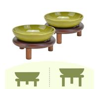 SPUNKYJUNKY Extra Wide Elevated Ceramic Cat Bowl with Acacia Wood Stand Whisker Friendly (Cat Paw Pattern, 2 Pack, Green)