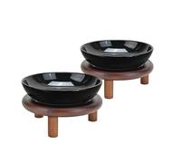 SPUNKYJUNKY Extra Wide Elevated Ceramic Cat Bowl with Acacia Wood Stand Whisker Friendly (Cat Paw Pattern, 2 Pack, Black)