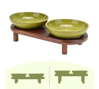 SPUNKYJUNKY Extra Wide Elevated Ceramic Cat Bowl with Acacia Wood Stand Whisker Friendly (Cat Paw Pattern, Green)