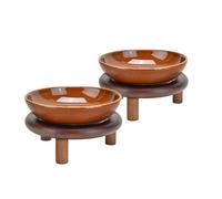 SPUNKYJUNKY Extra Wide Elevated Ceramic Cat Bowl with Acacia Wood Stand Whisker Friendly (Cat Paw Pattern, 2 Pack, Brown)