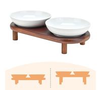SPUNKYJUNKY Extra Wide Elevated Ceramic Cat Bowl with Acacia Wood Stand Whisker Friendly (Cat Paw Pattern, White)