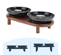 SPUNKYJUNKY Extra Wide Elevated Ceramic Cat Bowl with Acacia Wood Stand Whisker Friendly (Cat Paw Pattern, Black)