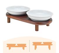 SPUNKYJUNKY Shallow Elevated Cat Bowl with Acacia Wood Stand Wide Raised Ceramic Cat Dishes Whisker Friendly Pet Food and Water Plates (Striped Pattern, White)