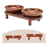 SPUNKYJUNKY Shallow Elevated Cat Bowl with Acacia Wood Stand Wide Raised Ceramic Cat Dishes Whisker Friendly Pet Food and Water Plates (Striped Pattern, Brown)