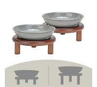 SPUNKYJUNKY Shallow Elevated Cat Bowl with Acacia Wood Stand Wide Raised Ceramic Cat Dishes Whisker Friendly Pet Food and Water Plates (Striped Pattern, 2 Pack, Gray)