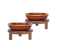 SPUNKYJUNKY Shallow Elevated Cat Bowl with Acacia Wood Stand Wide Raised Ceramic Cat Dishes Whisker Friendly Pet Food and Water Plates (Striped Pattern, 2 Pack, Brown)