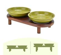 SPUNKYJUNKY Shallow Elevated Cat Bowl with Acacia Wood Stand Wide Raised Ceramic Cat Dishes Whisker Friendly Pet Food and Water Plates (Striped Pattern, Green)