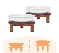 SPUNKYJUNKY Shallow Elevated Cat Bowl with Acacia Wood Stand Wide Raised Ceramic Cat Dishes Whisker Friendly Pet Food and Water Plates (Striped Pattern, 2 Pack, White)