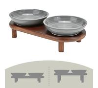 SPUNKYJUNKY Shallow Elevated Cat Bowl with Acacia Wood Stand Wide Raised Ceramic Cat Dishes Whisker Friendly Pet Food and Water Plates (Striped Pattern, Gray)
