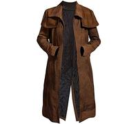 SPURZE Men's Western Country Cowboy Duster Trench Coat Brown Long Length Suede Leather NCR Veteran Ranger Overcoat, 3XL