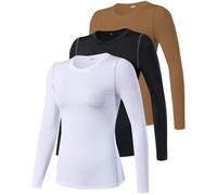 SPVISE 1 or 3 Pack Women's Compression Shirt Long Sleeve Performance Workout Tops Dry Fit Athletic Base Layer Gym Undershirts, 3 Pack# Black+white+brown, S