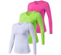SPVISE 1 or 3 Pack Women's Compression Shirt Long Sleeve Workout Tops Quick Dry Scrubs Undershirt Gym Yoga Running T-Shirts, 3 Pack# White+chartreuse+rose Red, L