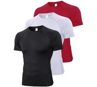 SPVISE Men's Compression Shirt Short Sleeve Workout Gym Top Cool Dry Athletic Base Layer Undershirt T-Shirt for Sport Running, 3 Pack# Black+white+red, S