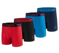 Spyder Mens Poly Spandex Performance Boxer Briefs 4 Pack Underwear With Bonded Hem, Red/Blue/Black/Blue, L