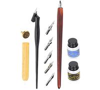 SPYMINNPOO Calligraphy Set Vintage Wood Handle Students Ink Writing Pen Nibs Kit for Beginners, Including Seals Stamp, for Painting and Calligraphy Enthusiasts (Thick wooden pole brown (fire effect)