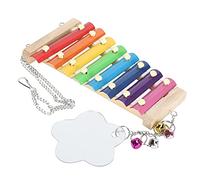 SPYMINNPOO Chicken Xylophone Toy Safe Pecking Bell with Mirror for Hens Parrots, Wooden Hanging Xylophone 9.3x4.9in for Medium Large Birds, Natural Wood+Metal