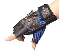 SPYMINNPOO Punk Half Finger Gloves Rivets Pirate Skeleton Gloves for Motorcycle Riding 1 Pair Ideal for Outdoor Sports Men's Artificial Leather Black Free Size (11cm) (Blue)