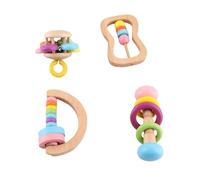 SPYMINNPOO Wooden Baby Rattles 4Pcs Beech Wood Rattle Toys for Newborns with Colorful Design Promotes Early Education Hand-Eye Coordination