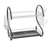 SQ Professional Durane 2 Tier Dish Drainer Aluminium dish drying rack With Glass Holder & Drip Tray Dish rack for Kitchen Countertop Utensil and Cup Holder (Black)