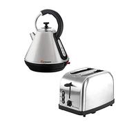 SQ Professional Kettle & Toaster Sets Rapid Boil Electric Kettle Slice Stainless Steel Toaster 2 Slice 6 Browning Controls Defrost Reheat, Crumb Tray (Gems Quartz Silver)