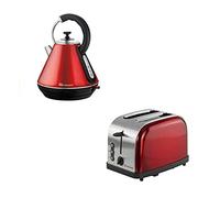 SQ Professional Kettle & Toaster Sets Rapid Boil Electric Kettle Stainless Steel Toaster 2 Slice 6 Browning Controls Defrost Reheat, Crumb Tray (Gems Ruby Red)