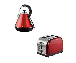 SQ Professional Kettle & Toaster Sets Rapid Boil Electric Kettle Stainless Steel Toaster 2 Slice 6 Browning Controls Defrost Reheat, Crumb Tray (Gems Ruby Red)