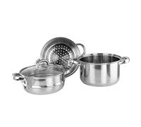 SQ Professional Lustro Stainless Steel 3-Tiered Steamer Pans with Glass Vented Lid Cookware Pot & Pan Steamer Cooker Pot Set - 2L+2L+3L Induction Hob Steaming Pot