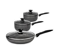 SQ Professional UNA Non-Stick Aluminium Essential Kit - 3pc Saucepan & Frying Pan Set - Pot & Pan Set with Tempered Glass Lid & Steam Vent -Saucepan 16cm & 20cm - Frying Pan 24cm