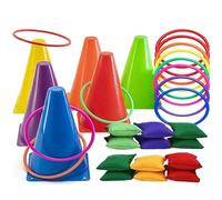 SQAQS 31PCS Toss Game Set, 18cm Sleeve Barrel, Toss Bag Rings Bean Bag for Throwing Game Kids Play Equipment Set, Ring Toss Party Game for Kids Play, Soft Plastic Cones, Outdoor Fun (Solid color)