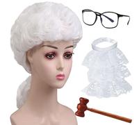 SQAQS 4pcs Judge Wig, Judge Costume Accessories with Glasses, Gavel and Collars, Judge Court Lawyer Wig, Role-playing Props, Halloween Makeup Theme, Stage Performance, White Hair, Curly Hair(Woman)
