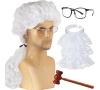 SQAQS 4pcs Judge Wig, Judge Costume Accessories with Glasses, Gavel and Collars, Judge Court Lawyer Wig, Role-playing Props, Halloween Makeup Theme, Stage Performance, White Hair, Curly Hair(Man)