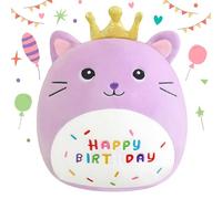 SQEQE Happy Birthday Stuffed Animal 10" Cat Soft Toys with Crown Cute Plush Pillow Cat Plush Toy for Kid Girl Boy Purple 35CM