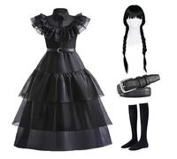 SQINGG World Book Day Costumes For Girls Wednesday Addams Costume Gothic Dress Gothic Dress with Belt,Wig,Socks,Black Elegant Party Dress for Girls(160)