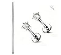 SQKXKLCZ 2pcs G23 Titanium 16G Star Shaped 3mm CZ Internally Threaded Top Flat Back Piercing Lip Stud Earring Labret Monroe Lip Ring Tragus Cartilage Earring Stud, Titanium, no gemstone