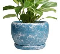 SQOWL Ceramic Pots for Plants - 8 Inch Ceramic Planter for Indoor Outdoor, Decorative Flower Pot with Drainage Hole and Saucer, Round Planter, Home Living Room Bathroom Decor, Plant Lover Gifts, Blue