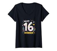 Squad Sweet Sixteen Celebration Gift 16th Birthday V-Neck T-Shirt, Women, Black, M