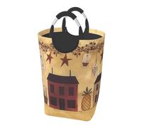 Square 50l Foldable Laundry Hamper - Waterproof Canvas Basket Beige Brown House And Fruit Print Dirty Clothes Storage Bag With Handles For Laundry Room, Dorm, Bedroom