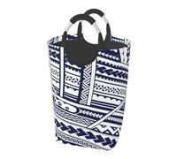 Square 50l Foldable Laundry Hamper - Waterproof Canvas Basket Blue Polynesian Maori Tribal Pattern Print Dirty Clothes Storage Bag With Handles For Laundry Room, Dorm, Bedroom
