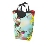 Square 50l Foldable Laundry Hamper - Waterproof Canvas Basket Hummingbirds Red Flower Hibiscus Print Dirty Clothes Storage Bag With Handles For Laundry Room, Dorm, Bedroom