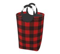 Square 50l Foldable Laundry Hamper - Waterproof Canvas Basket Plaid Red And Black Print Dirty Clothes Storage Bag With Handles For Laundry Room, Dorm, Bedroom