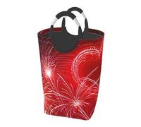 Square 50l Foldable Laundry Hamper - Waterproof Canvas Basket Red Hearts Firework Print Dirty Clothes Storage Bag With Handles For Laundry Room, Dorm, Bedroom