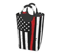 Square 50l Foldable Laundry Hamper - Waterproof Canvas Basket Red Line Firefighter Usa Flag Print Dirty Clothes Storage Bag With Handles For Laundry Room, Dorm, Bedroom