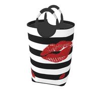 Square 50l Foldable Laundry Hamper - Waterproof Canvas Basket Red Mouth Printed In Black And White Stripes Print Dirty Clothes Storage Bag With Handles For Laundry Room, Dorm, Bedroom